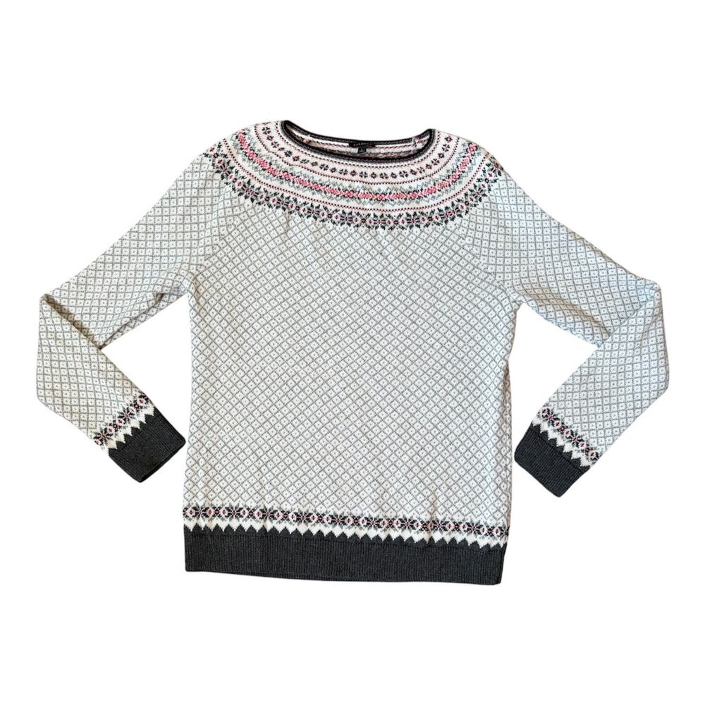 Talbots Nordic Lambswool Blend White/Gray/Pink Fair Isle Sweater Sz L Cozy Soft